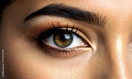 Close Up Extreme Macro Shot Of A Woman Eye With Golden Shimmer Eyeshadow And Black Mascara Dramatic Lighting