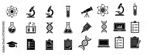  Education and science glyph icon set. Vector pictograms of atom, microscope, test tube, flask, telescope, dna, laptop, checklist, clipboard, black sign silhouette illustration
