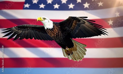 Majestic Bald Eagle Soars Across American Flag Under Bright Sunlight