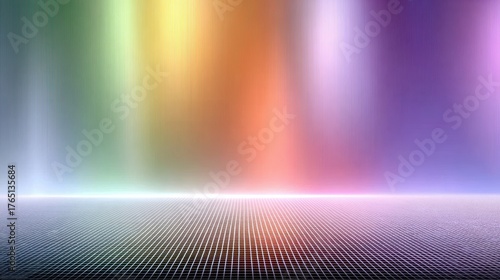 Abstract, colorful background with vertical light streams and a textured floor