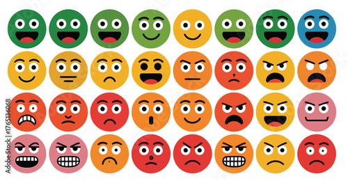 A diverse collection of colorful emoji faces expressing a wide range of emotions from happy to angry.
