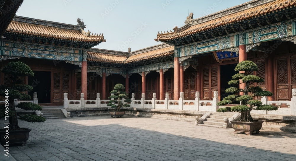 custom made wallpaper toronto digitalChinese courtyard complex roofs, detailed trim, bonsai trees, and paving stones