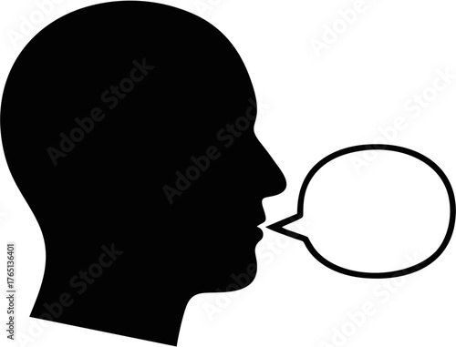 A simple black silhouette icon of a human head in profile with an empty speech bubble, symbolizing communication, speech, and ideas