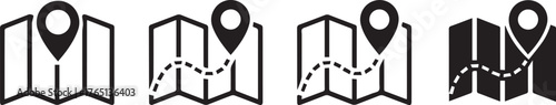 map icon set showing location pin with progressive dotted routes for navigation and routing systems, monochrome vector design for ui and maps