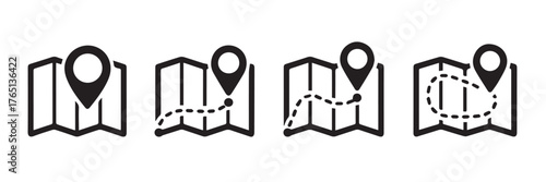 location and routing icon pack showing map pin with incremental dotted paths for wayfinding, gps, and mapping interfaces vector files
