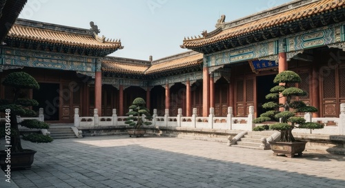 Wallpaper Mural Chinese courtyard complex roofs, detailed trim, bonsai trees, and paving stones Torontodigital.ca