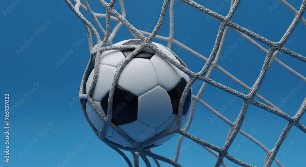 Naklejka premium A close-up shot of a soccer ball nestled inside a goal net against a blue sky