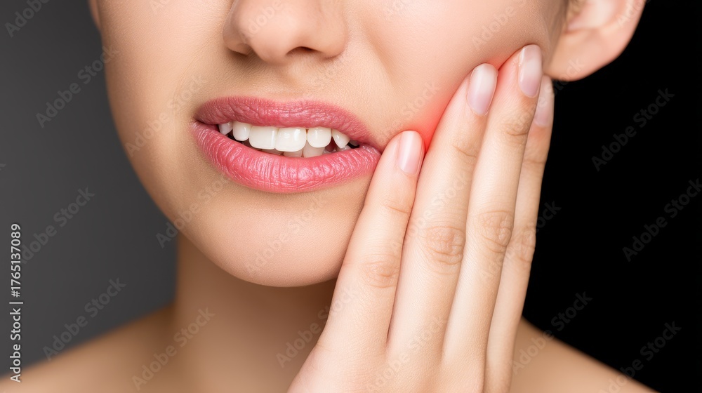 Obraz premium Young woman touching her cheek due to dental pain.