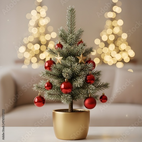 Mini Christmas tree with red baubles in a gold pot, festive holiday decor, cozy room

