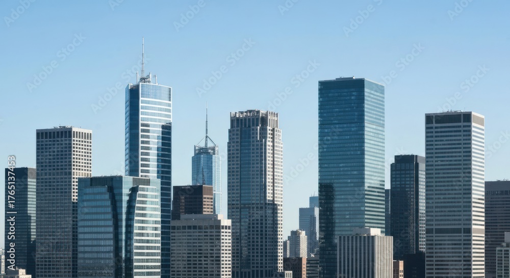 Fototapeta premium Cityscape of skyscrapers, various heights, under clear blue sky, daytime view
