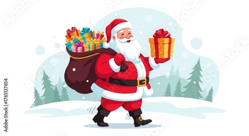 Santa Claus walking in a snowy landscape, carrying a sack full of gifts and holding a present.