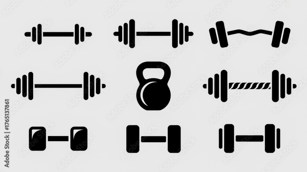Fototapeta premium Collection of Black Silhouette Icons Representing Dumbbells and Weights Keywords: dumbbell, barbell, weight, fitness, exercise, workout, gym, strength, training, sport