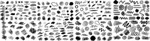 Vector set of grungy graphic elements. Street art texture hand drawn pencil underlines and strikethrough, scribble emphasis lines, crazy hatches, ovals and crosses. Each element is united and isolated