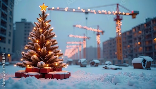 A snowy urban construction site at dusk features a warmly lit Christmas tree with a bright star, contrasting industrial cranes and buildings. Perfect for holiday, urban, and seasonal themes.