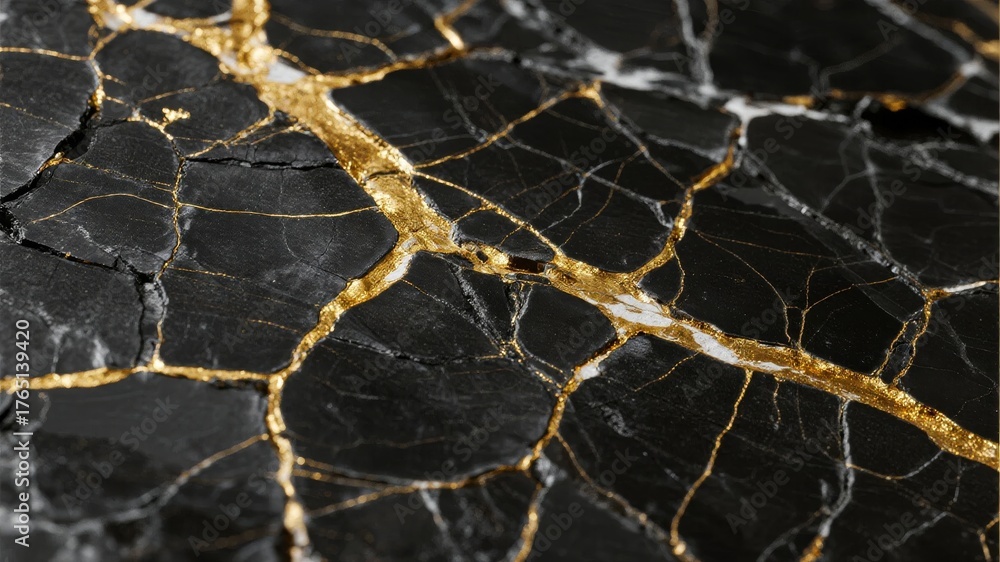 Obraz premium Close-up of black marble with golden veins and intricate crack patterns