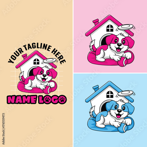 A modern professional dog care logo design. Cheerful dog house logo vector. Dog boarding logo template