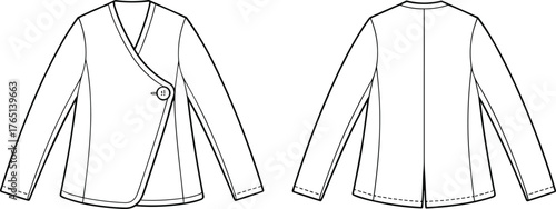 Asymmetrical women’s jacket flat sketch front and back view, long sleeve button closure design, stylish fashion template, CAD drawing vector illustration