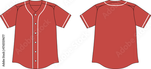 Baseball jersey technical flat sketch, short sleeve sports shirt front and back view with buttons and piping, CAD drawing vector illustration