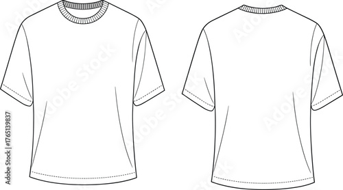 Basic t-shirt technical flat sketch, front and back view, fashion template, blank clothing mockup, unisex casual wear design