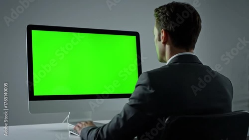 A man in a suit working on a computer with a green screen in a modern office
