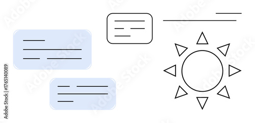 Sun surrounded by triangular rays near dialogue boxes and minimalistic lines. Ideal for communication, energy, environment, innovation, teamwork, simplicity, positivity. A simple flat metaphor