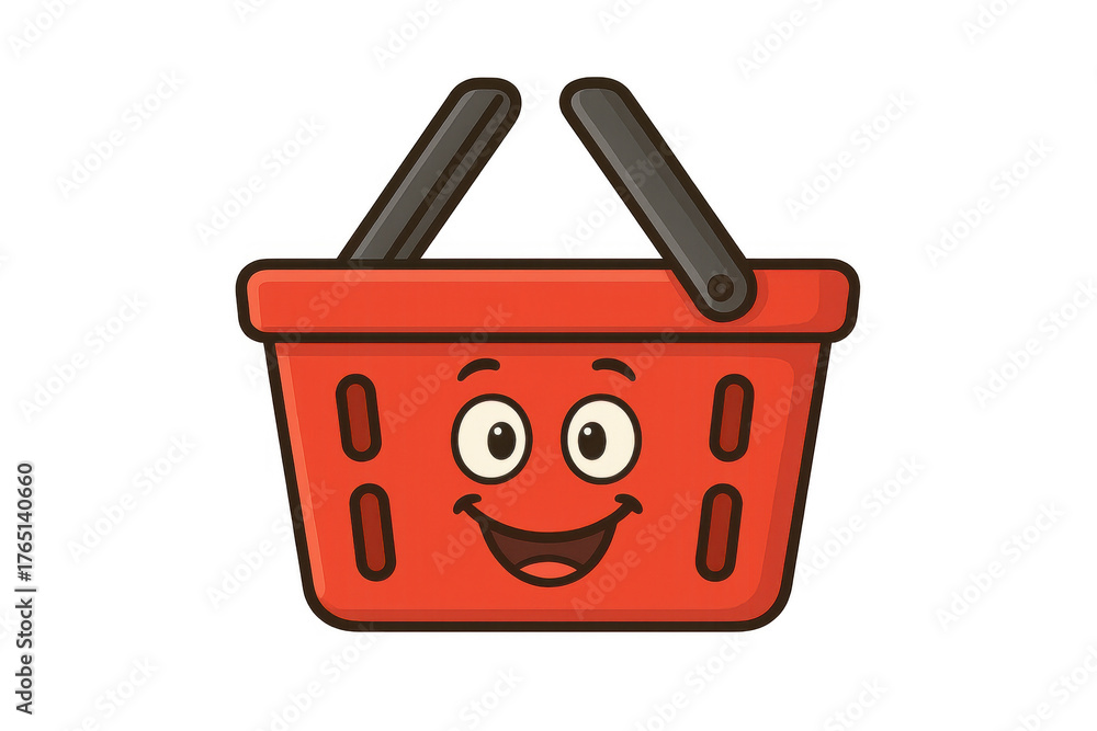 Fototapeta premium Happy red shopping basket facing forward, smiling cartoon mascot character representing retail, e-commerce, and sale concepts