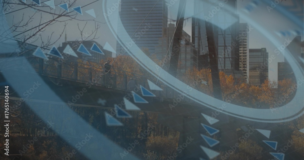 Naklejka premium Walking silhouette crossing pedestrian bridge, with railing autumn trees and digital circles arrows