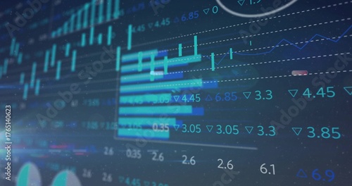 Displaying interface on screen showing bar charts, line graphs, numerical labels, circular segments