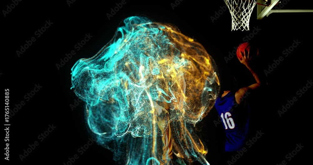 Naklejka premium Gripping basketball player holding ball under hoop at court, with luminous particles, copy space