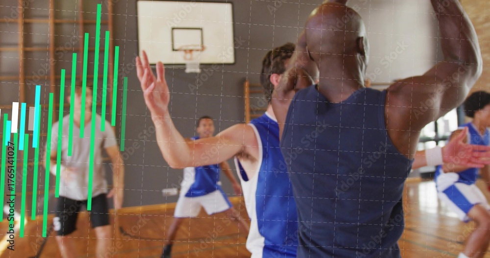Fototapeta premium Player in navy jersey holding basketball overhead on court with green barchart overlay, copy space