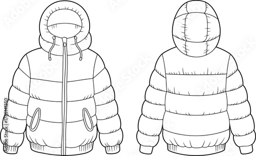 CAD drawing flat vector illustration of puffer jacket with hood and zipper, front and back view, outerwear design, fashion template, technical sketch