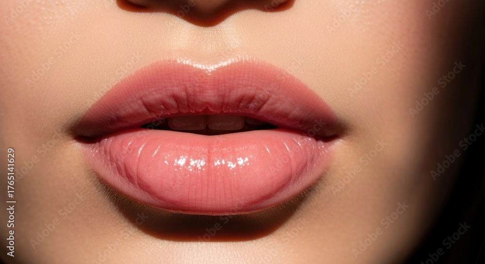 Obraz premium Close-up of pink, glossy lips with striking light/shadow