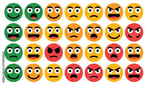 A collection of colorful emoticons showing a wide range of emotions from happy and content to angry and furious.