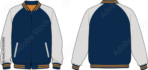 Classic varsity bomber jacket technical flat sketch, front and back view, blue and white color combination, ribbed cuffs, casual streetwear style illustration