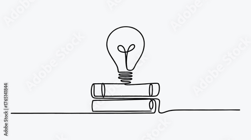 Continuous line drawing of light bulb on stack of books idea concept