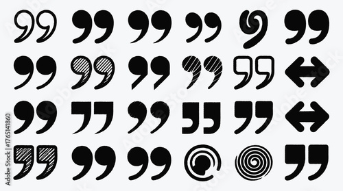 Diverse Black Quotation Marks and Symbols Collection on White Background