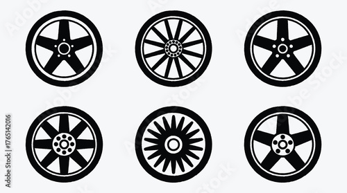 Variety of Car Wheels Designs in Black and White Vector Illustration