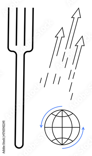 Fork symbolizes consumption, arrows represent growth, globe showcases global impact. Ideal for sustainability, environmentally friendly practices, global development, eco-innovation, conscious