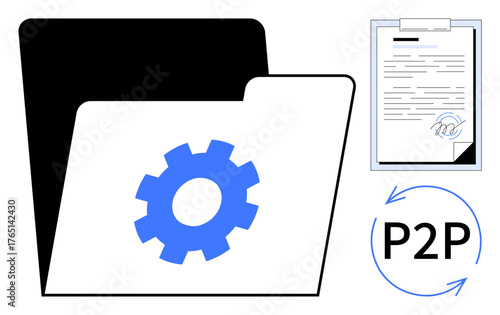 Open folder with gear icon, signed document on clipboard, circular arrows with P2P label. Ideal for file management, workflow automation, peer-to-peer sharing, documentation, teamwork, productivity
