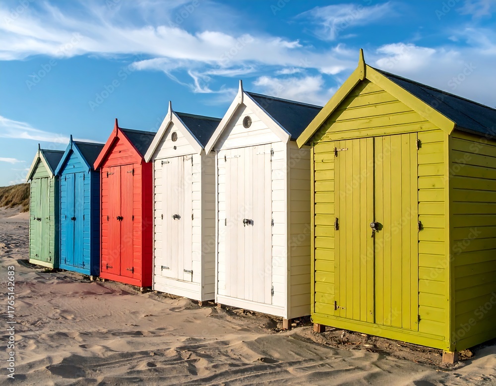 Fototapeta premium Colorful beach huts on sandy shore under a partly cloudy sky, forming a row