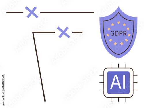 AI microchip alongside a European GDPR shield displaying stars, intersecting lines and crosses. Ideal for privacy, technology, security, compliance, regulation, AI ethics, data laws simple flat