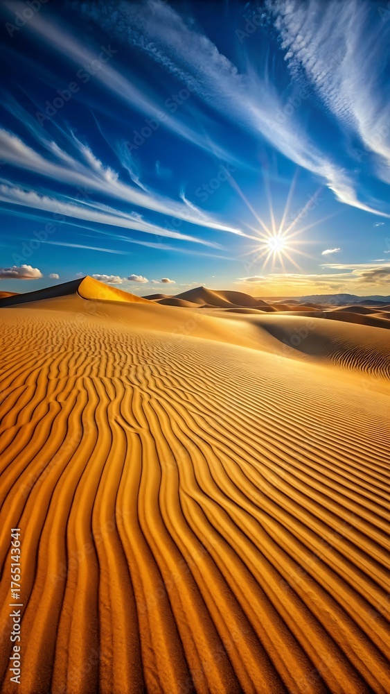 Naklejka premium Golden desert sand dunes sculpted by wind under a bright sun and wispy clouds
