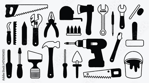 Collection of Black and White Hand Tools for Construction Projects