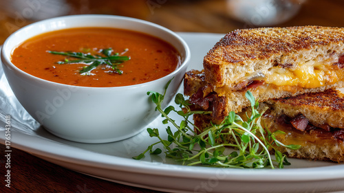 Tomato Soup and a Bacon Grilled Cheese Sandwich, Lunch at a Restaurant