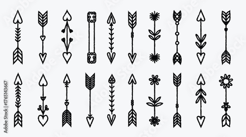Collection of decorative arrows with different designs and ornaments line art