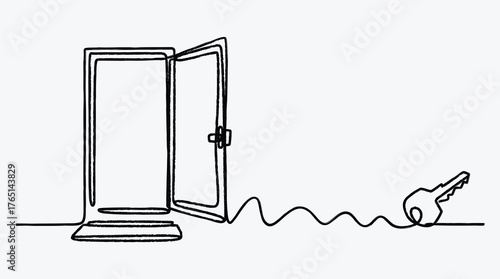 Open door with key in continuous line drawing white background