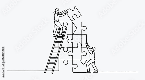 Teamwork and collaboration creating solution with puzzle pieces and ladder