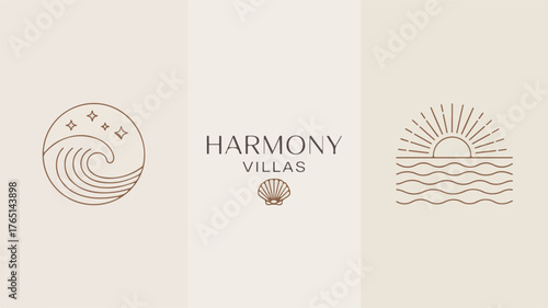 Coastal Themed Logo Elements with Text on Divided Background ocean waves