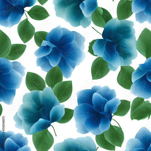 Seamless pattern of vibrant blue roses with green leaves on a black background