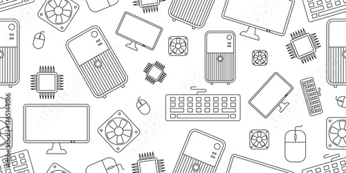 Seamless pattern of computer components in line art style. The design includes computer cases, monitors, keyboards, mice, fans, and microchips arranged in a repetitive layout